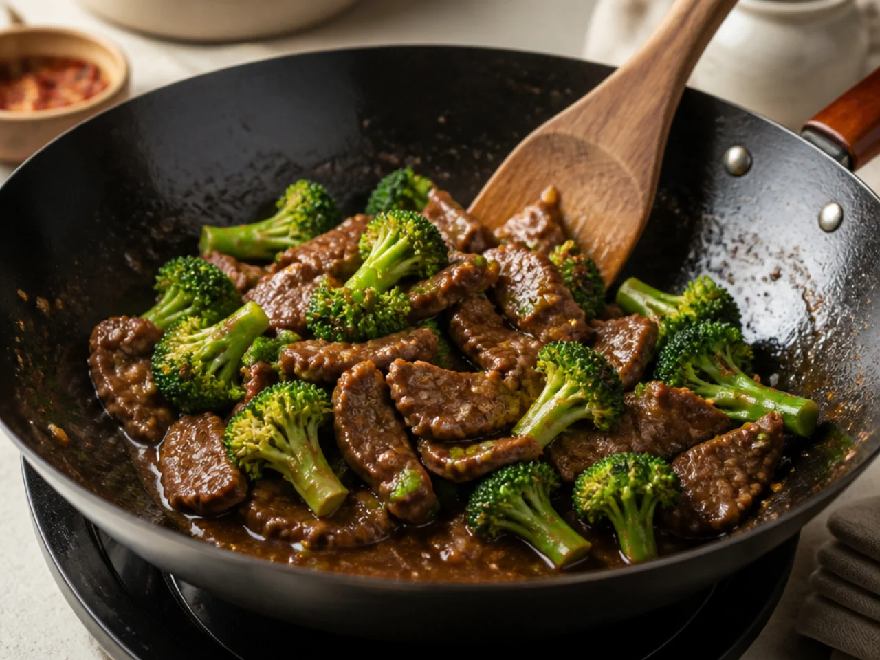 Step-by-step process shot for beef and broccoli