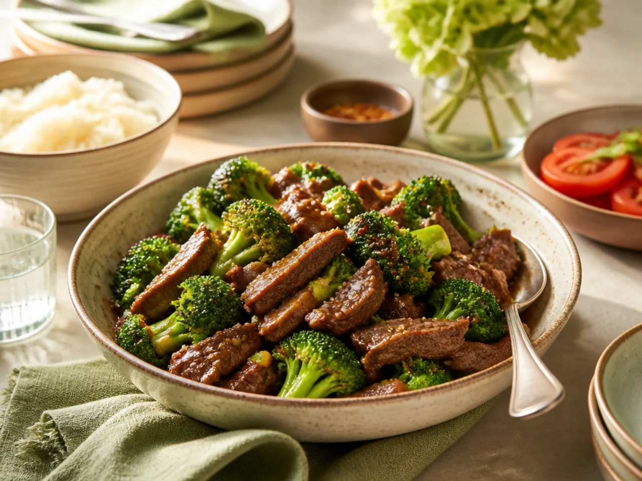 beef and broccoli served family-style on a cozy table