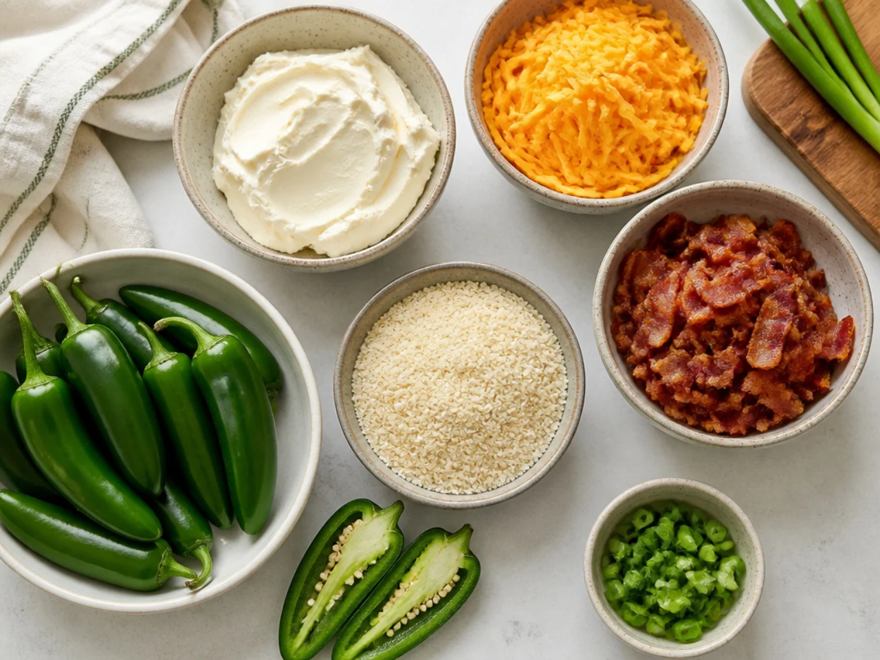 Fresh ingredients for jalapeno poppers arranged in bowls