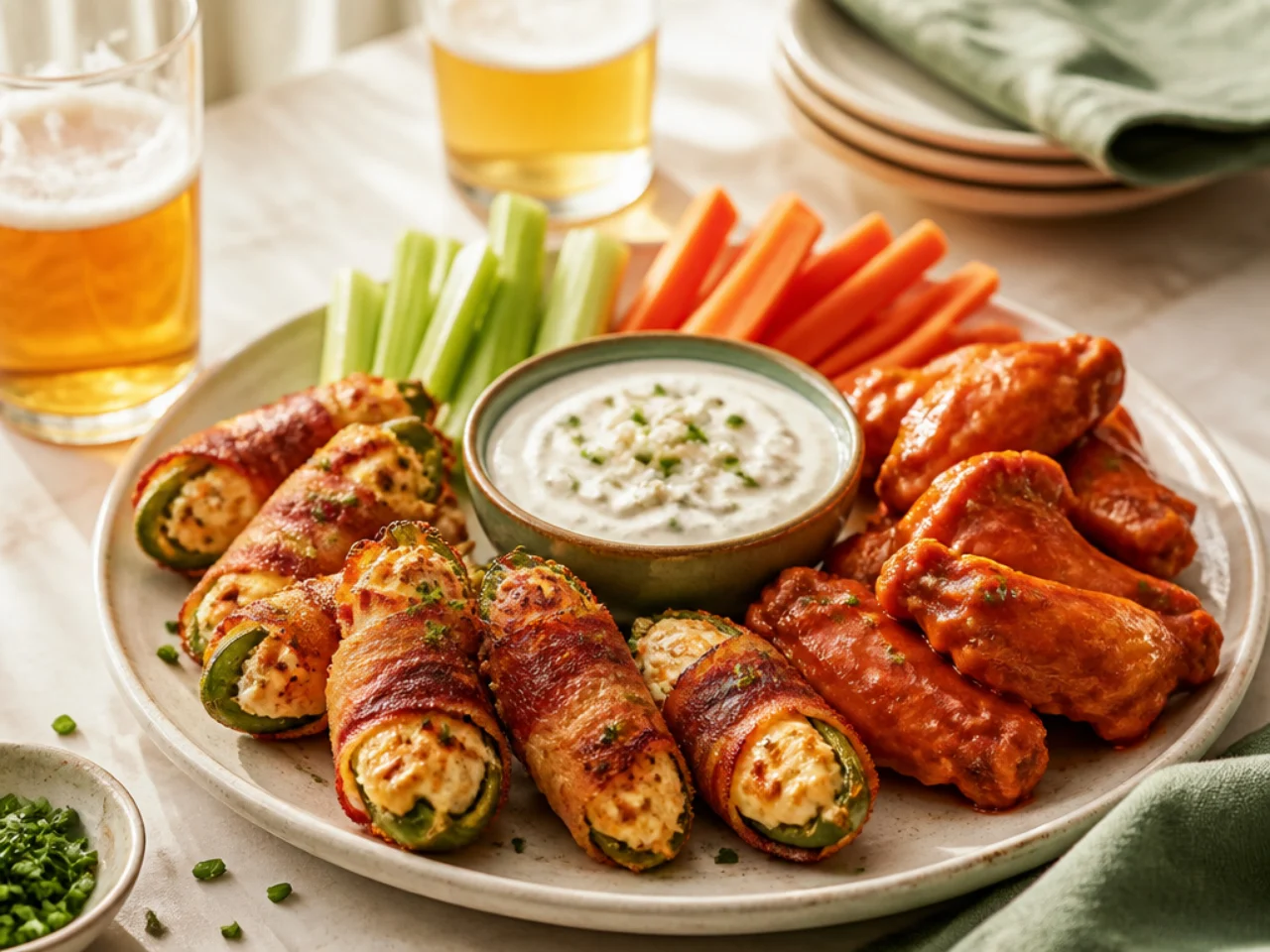 jalapeno poppers served with cool ranch or blue cheese dip, wings and cold drinks