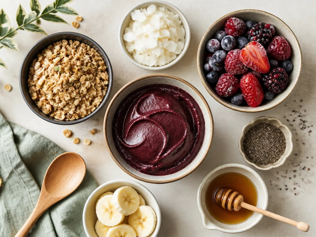 Fresh ingredients for acai bowl arranged in bowls