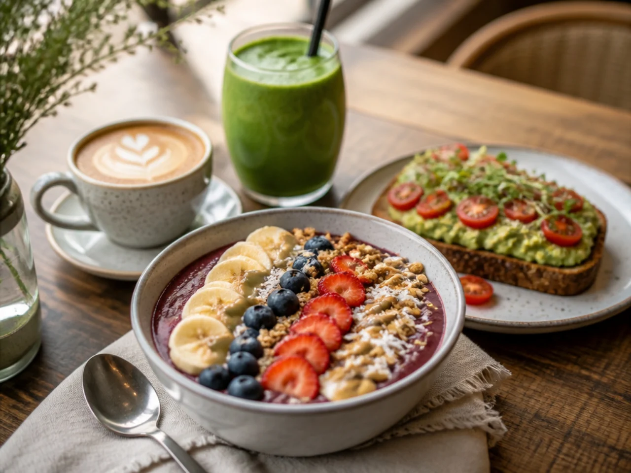 acai bowl served with fresh coffee, a green smoothie or whole-grain toast