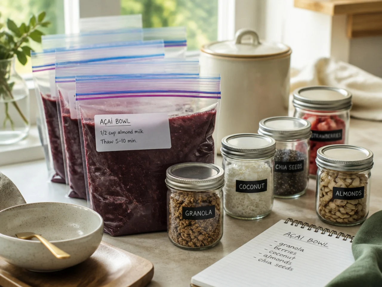 Make-ahead storage of acai bowl in containers