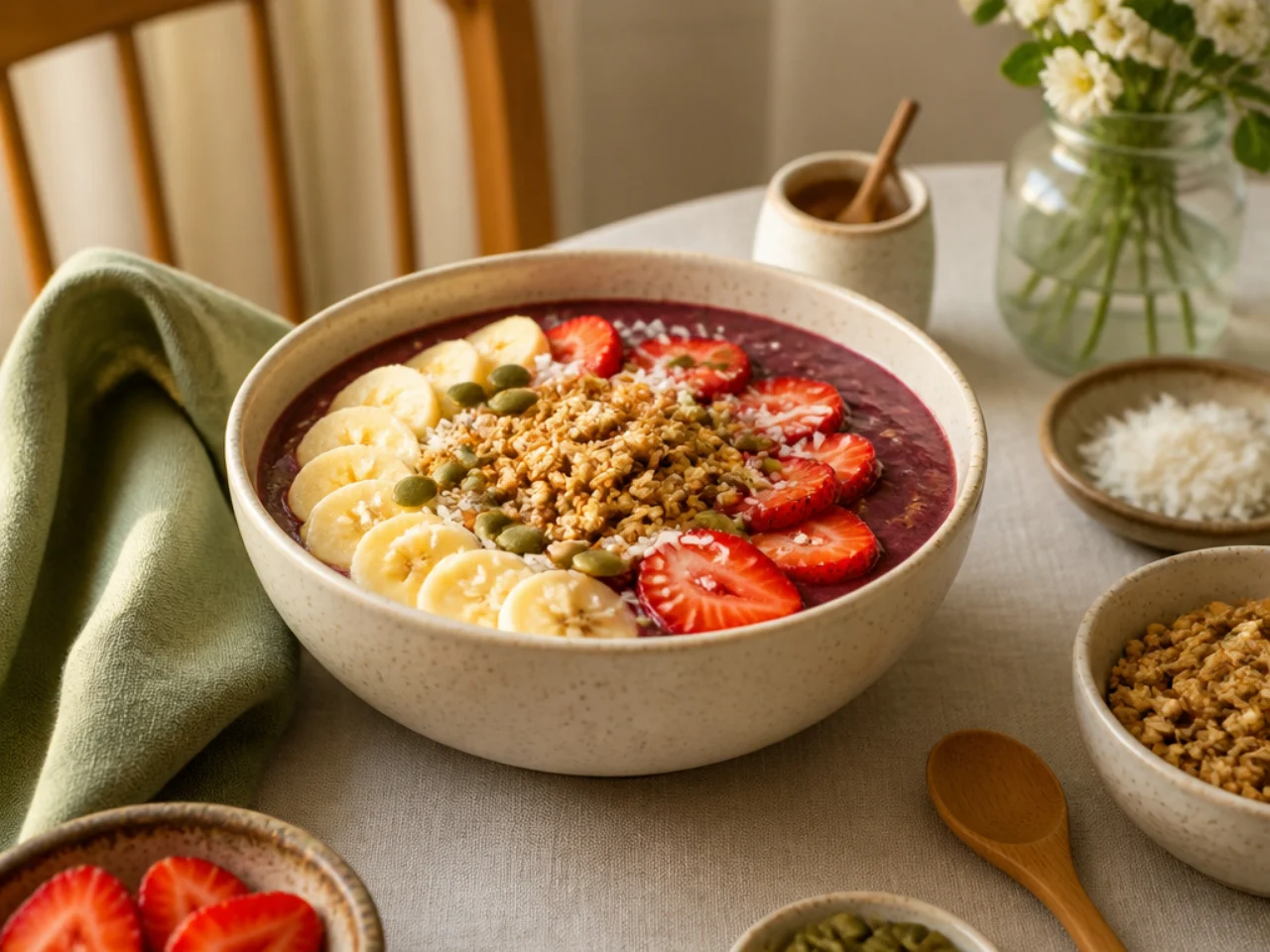 acai bowl served family-style on a cozy table