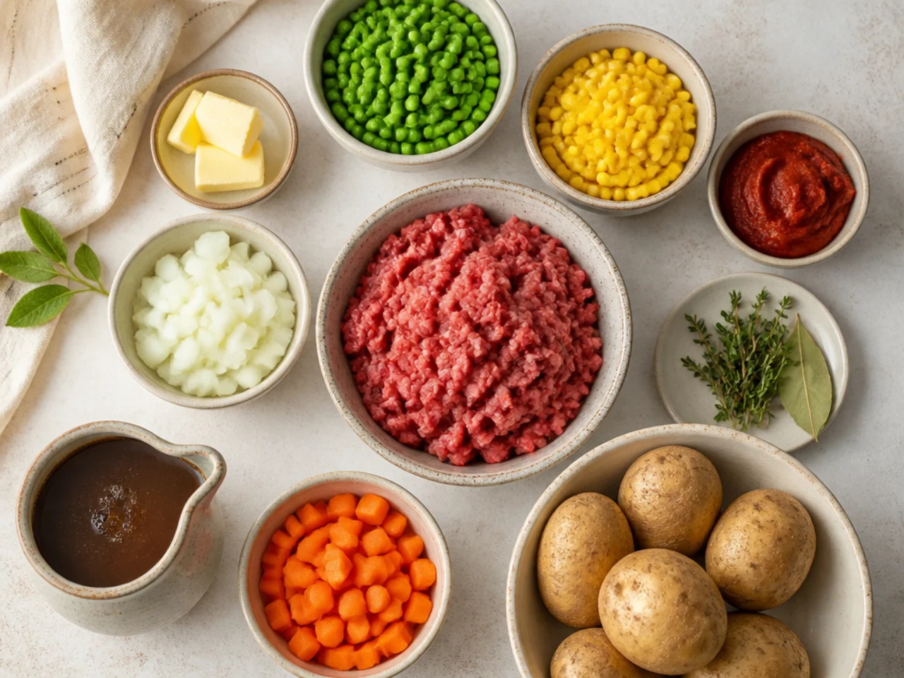 Fresh ingredients for shepherd's pie arranged in bowls