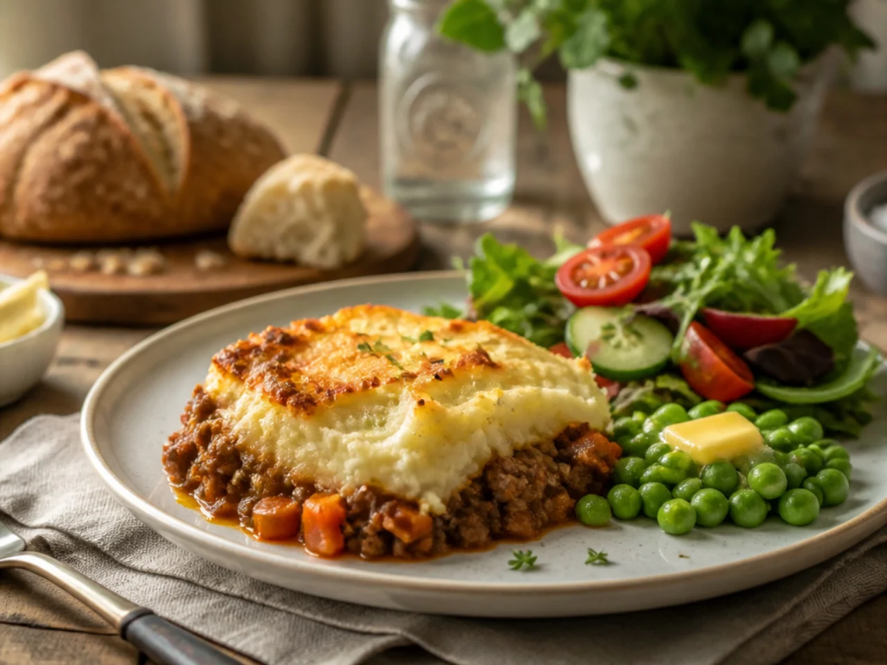 shepherd's pie served with crusty bread, buttered peas and a simple side salad