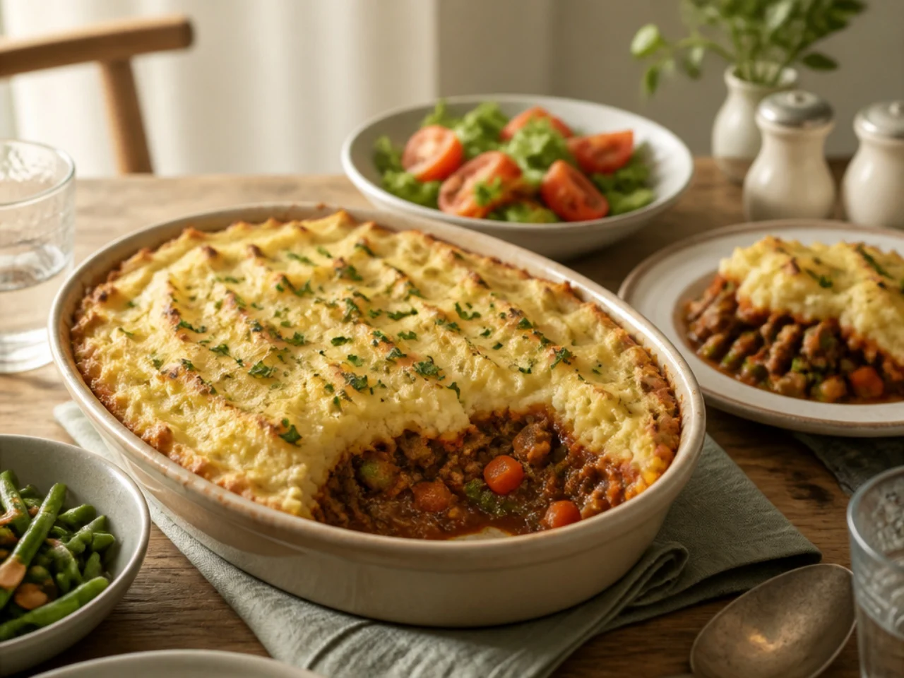 shepherd's pie served family-style on a cozy table