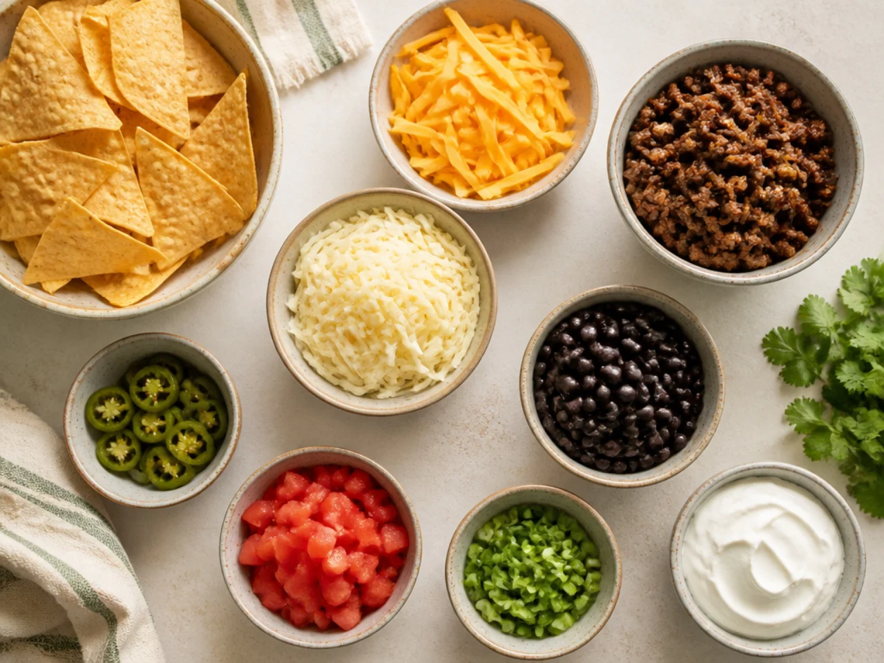 Fresh ingredients for nachos arranged in bowls