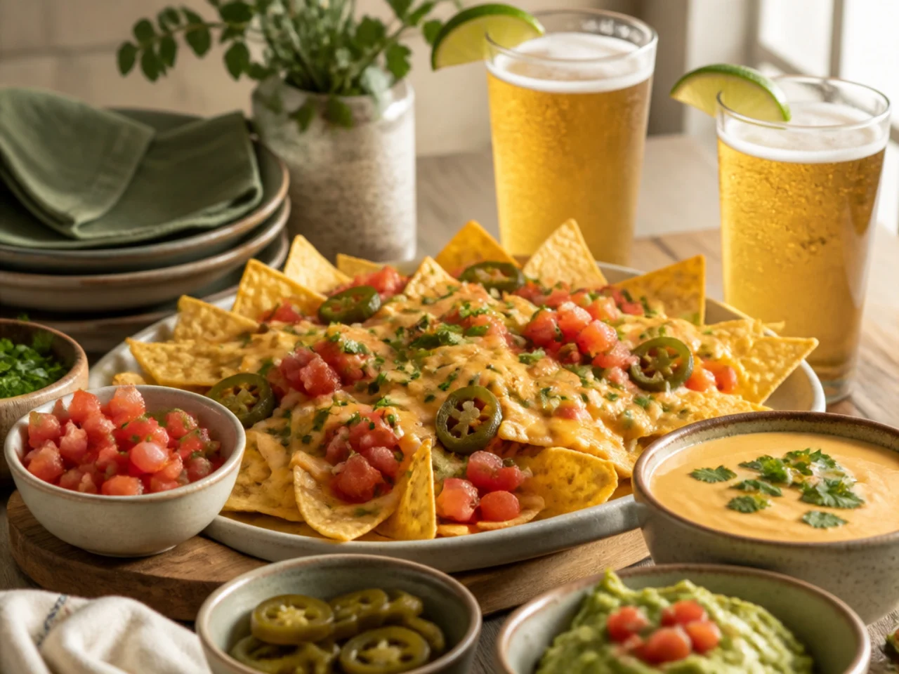 nachos served with fresh salsa, warm queso, guacamole and ice-cold drinks