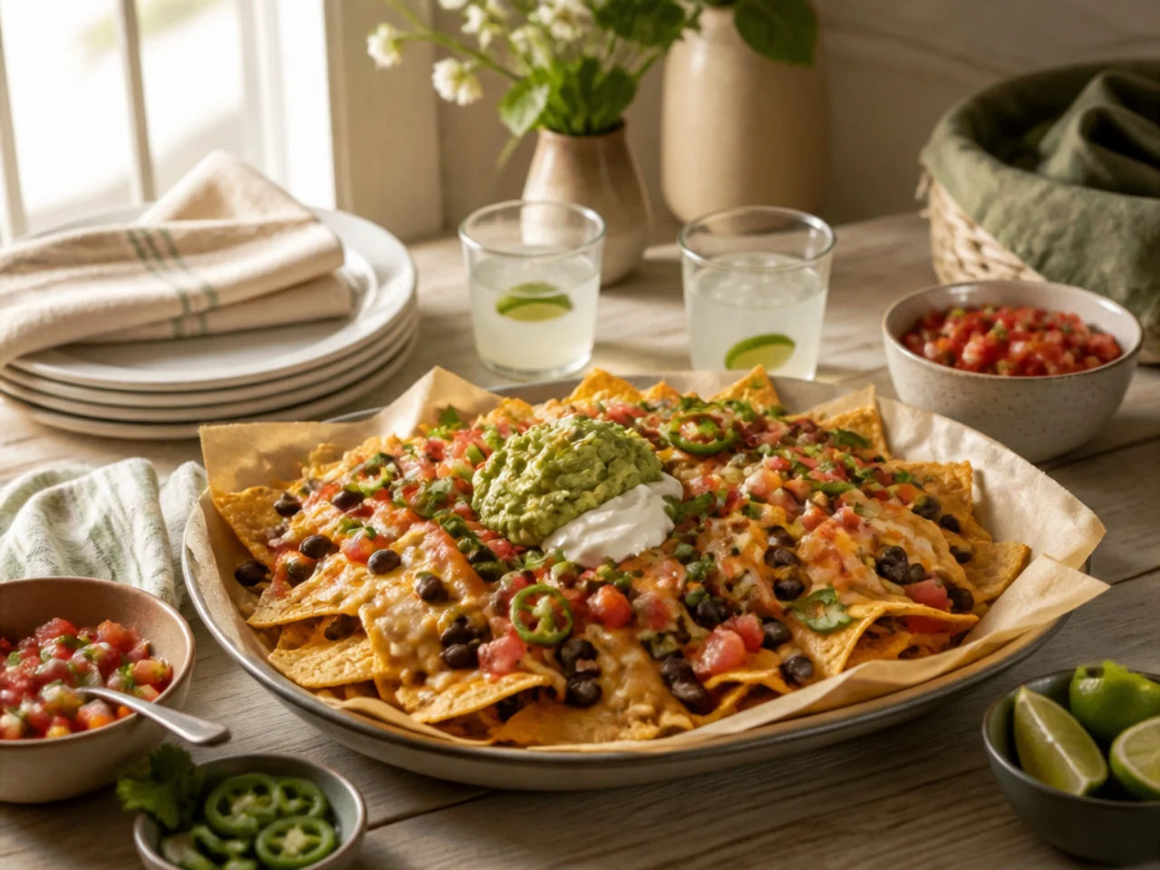 nachos served family-style on a cozy table