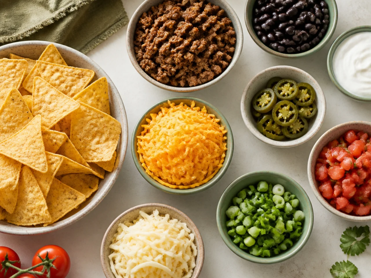 Fresh ingredients for nachos arranged in bowls