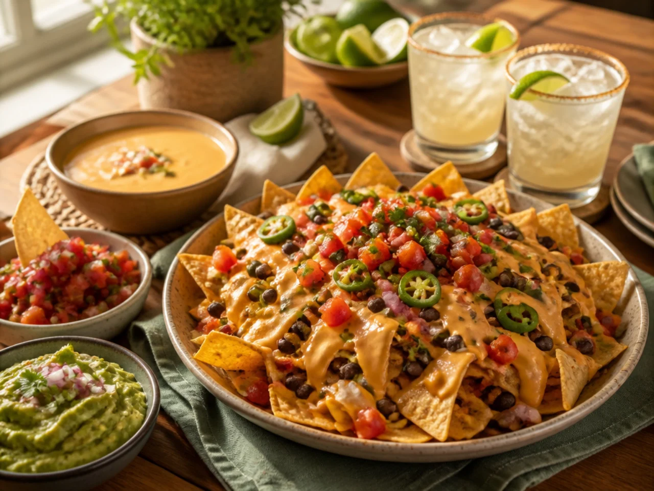 nachos served with fresh salsa, warm queso, guacamole and ice-cold drinks