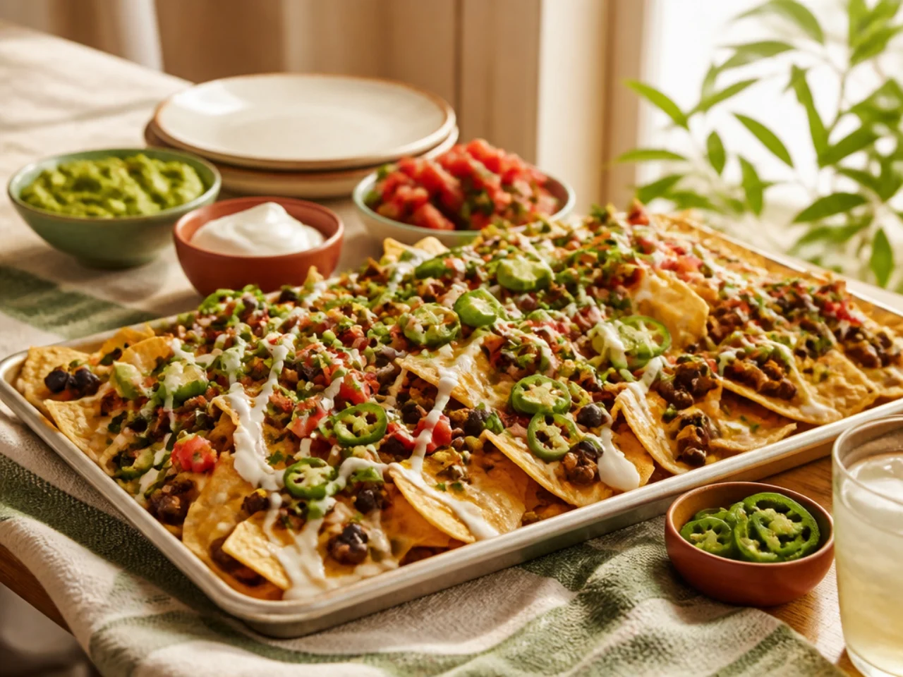 nachos served family-style on a cozy table