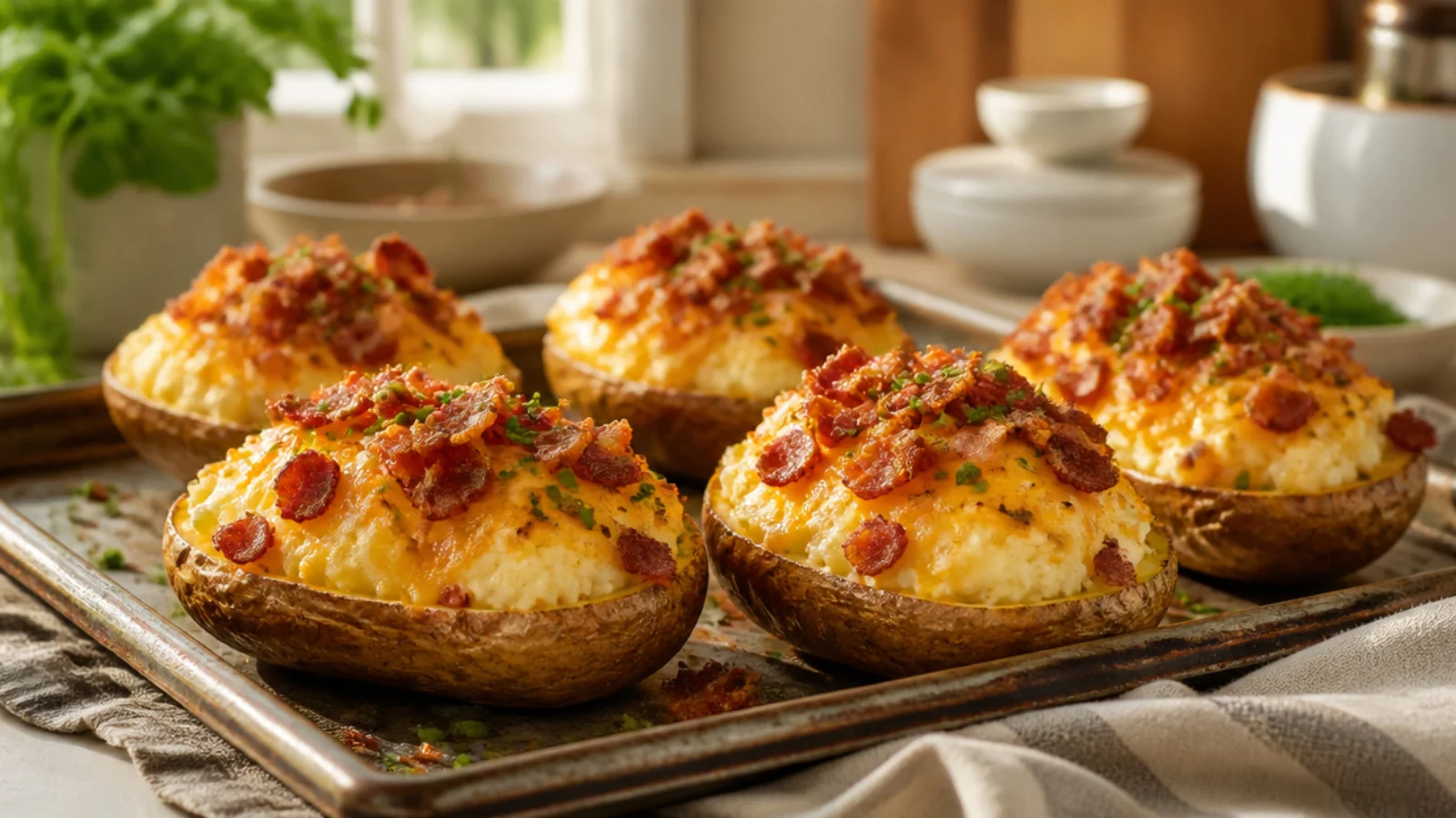Loaded Twice Baked Potatoes Piled High — twice baked potatoes plated and ready to serve