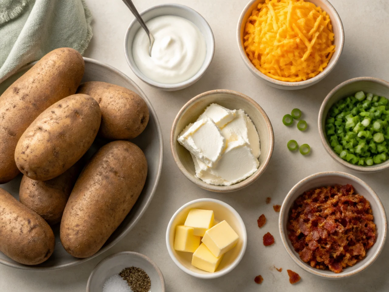 Fresh ingredients for twice baked potatoes arranged in bowls