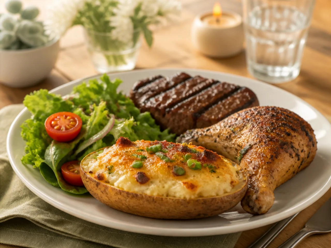twice baked potatoes served with juicy roast chicken, grilled steak and a crisp green salad