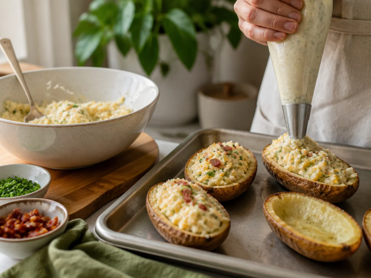 Step-by-step process shot for twice baked potatoes
