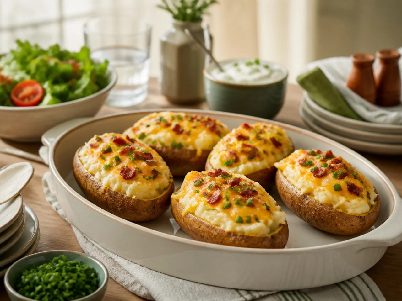 twice baked potatoes served family-style on a cozy table