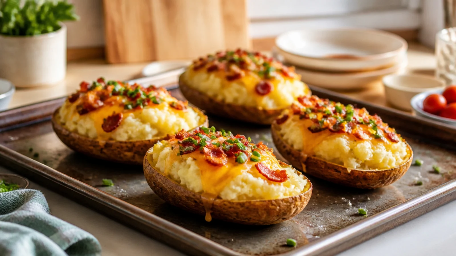 Make Ahead Twice Baked Potatoes Worth Bookmarking — twice baked potatoes plated and ready to serve