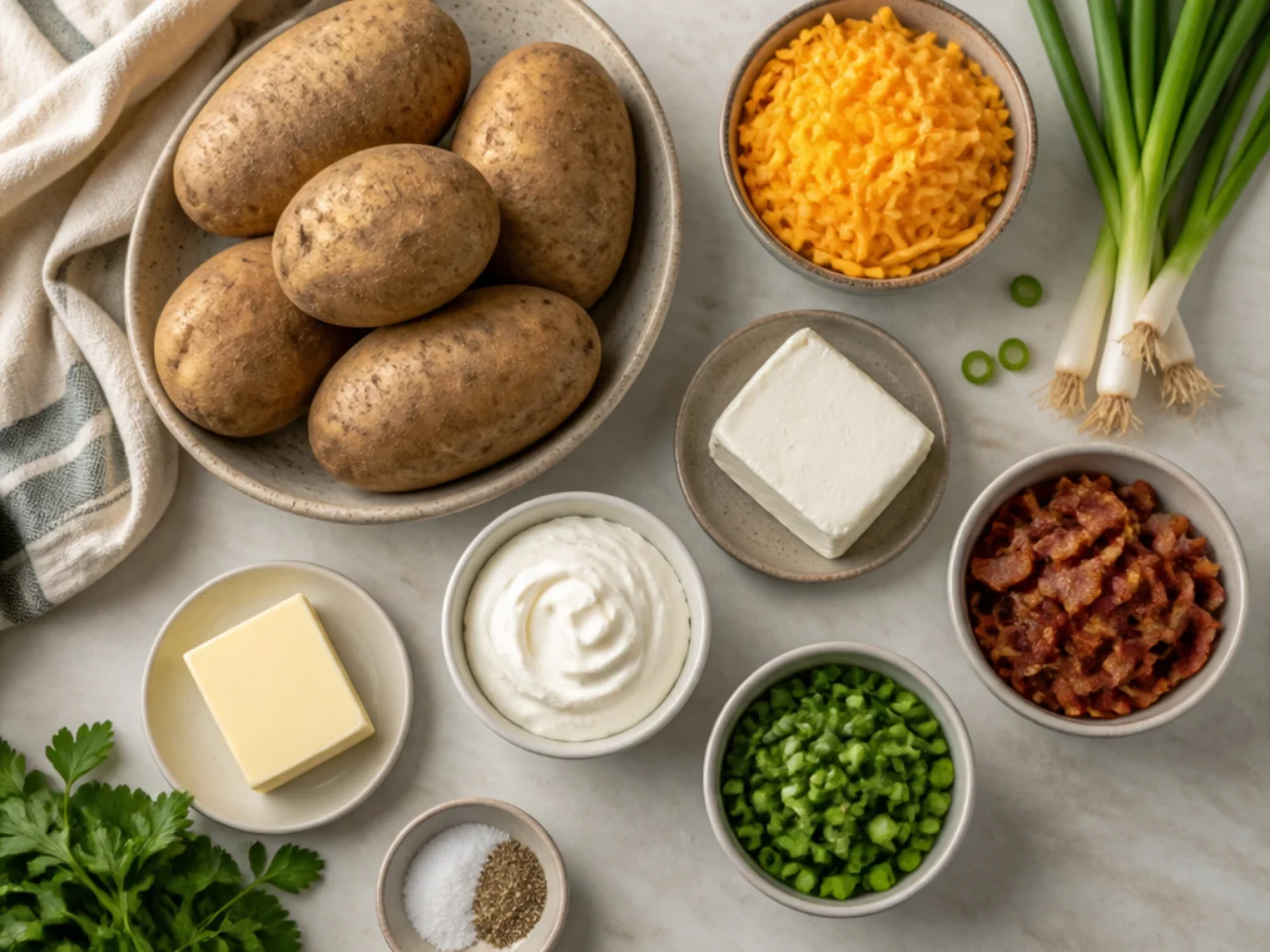 Fresh ingredients for twice baked potatoes arranged in bowls