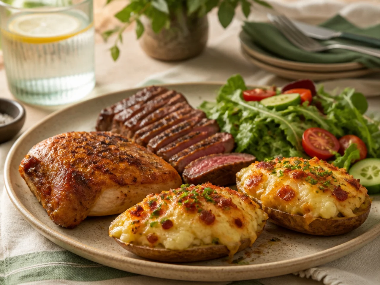 twice baked potatoes served with juicy roast chicken, grilled steak and a crisp green salad