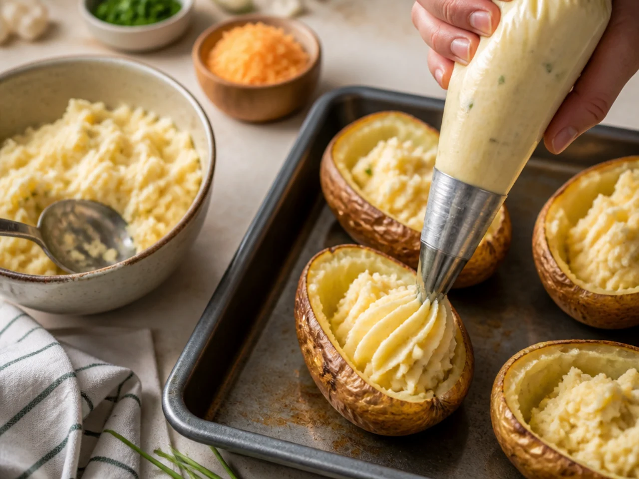 Step-by-step process shot for twice baked potatoes