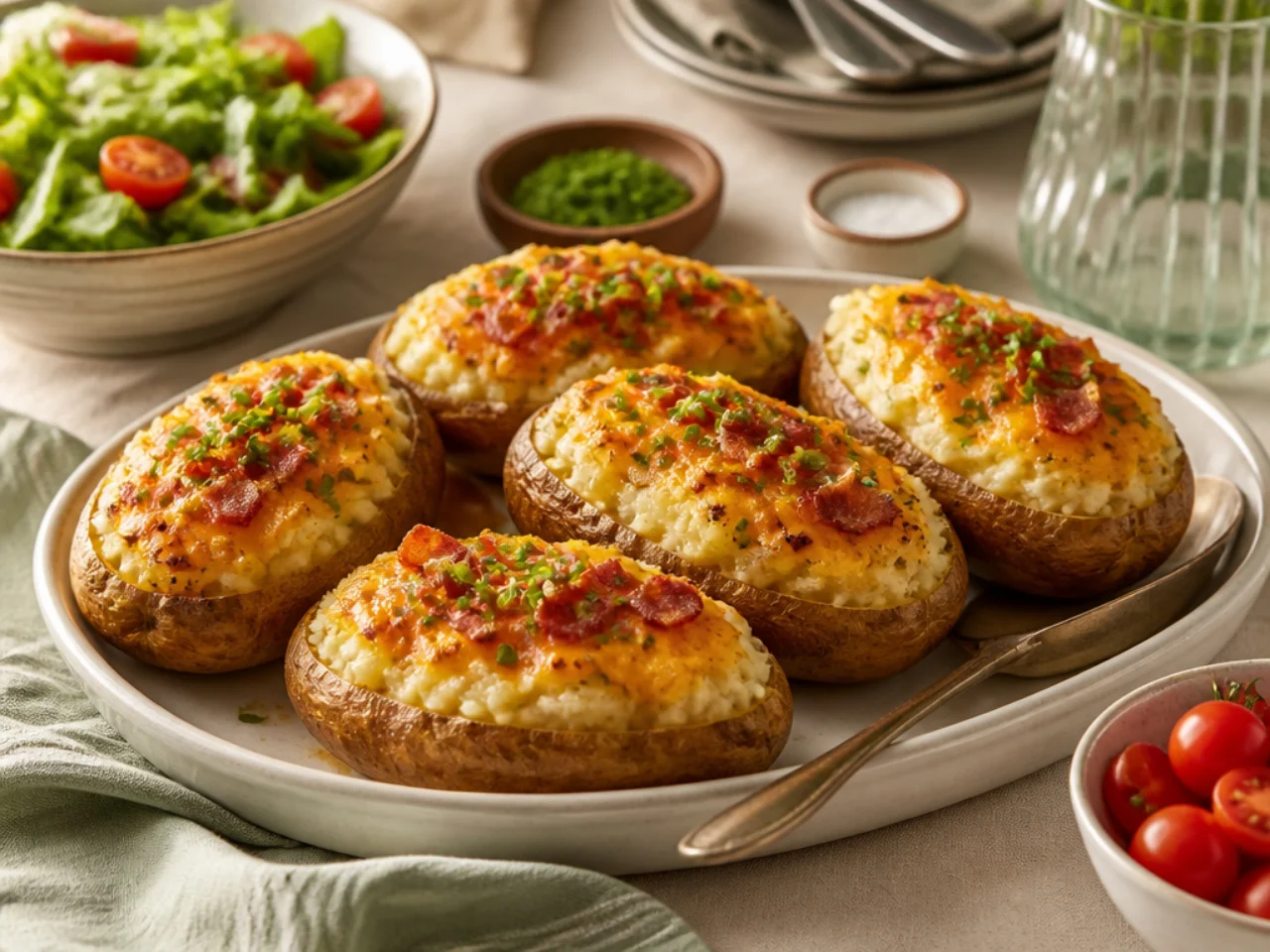 twice baked potatoes served family-style on a cozy table