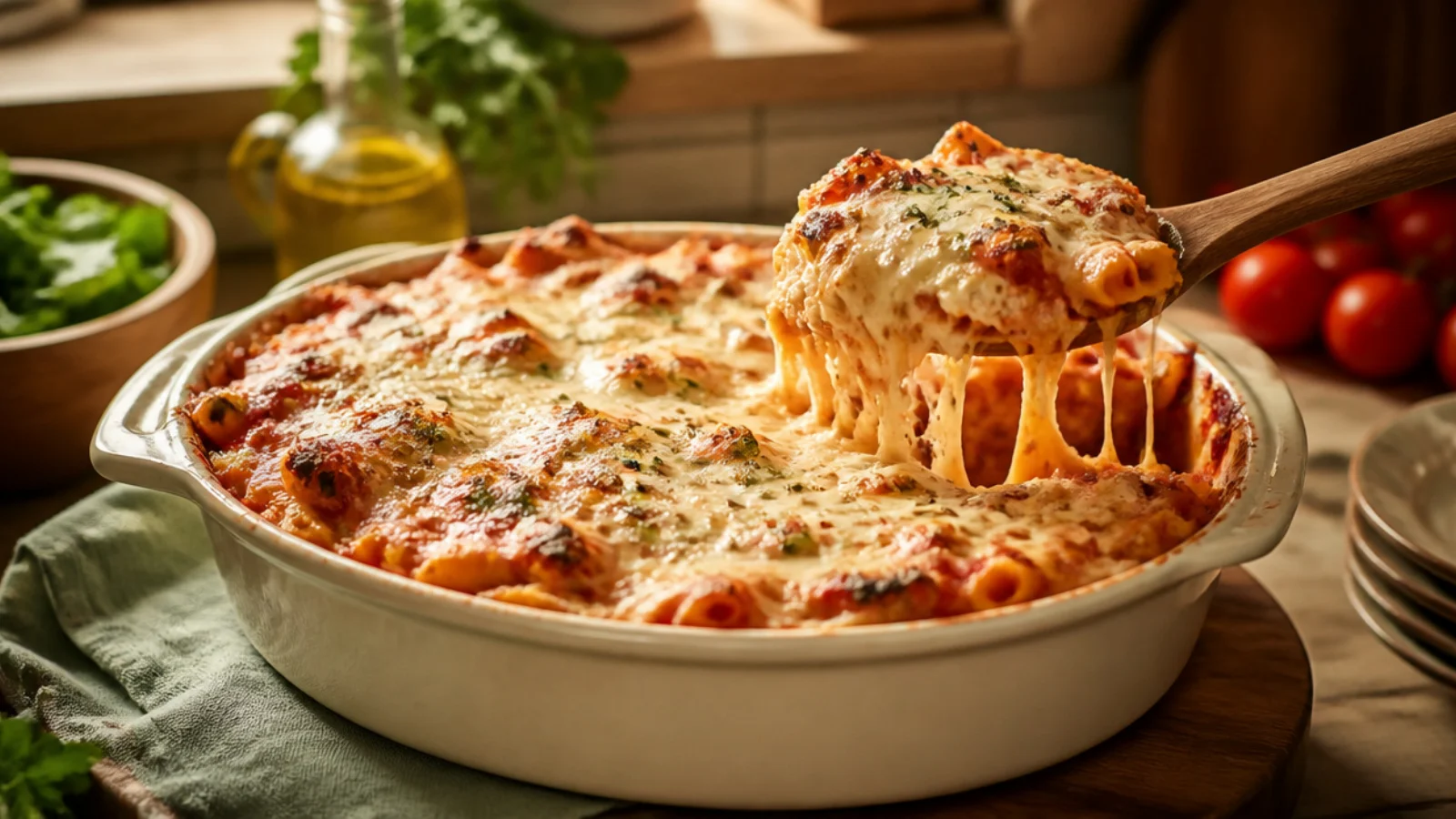 Million Dollar Baked Ziti Bakes to Impress — baked ziti plated and ready to serve