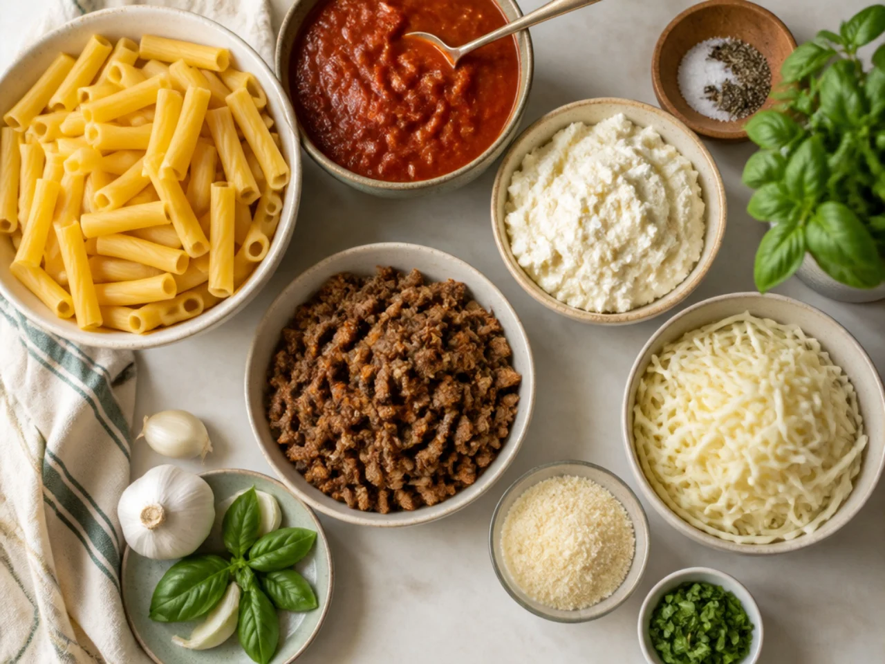 Fresh ingredients for baked ziti arranged in bowls