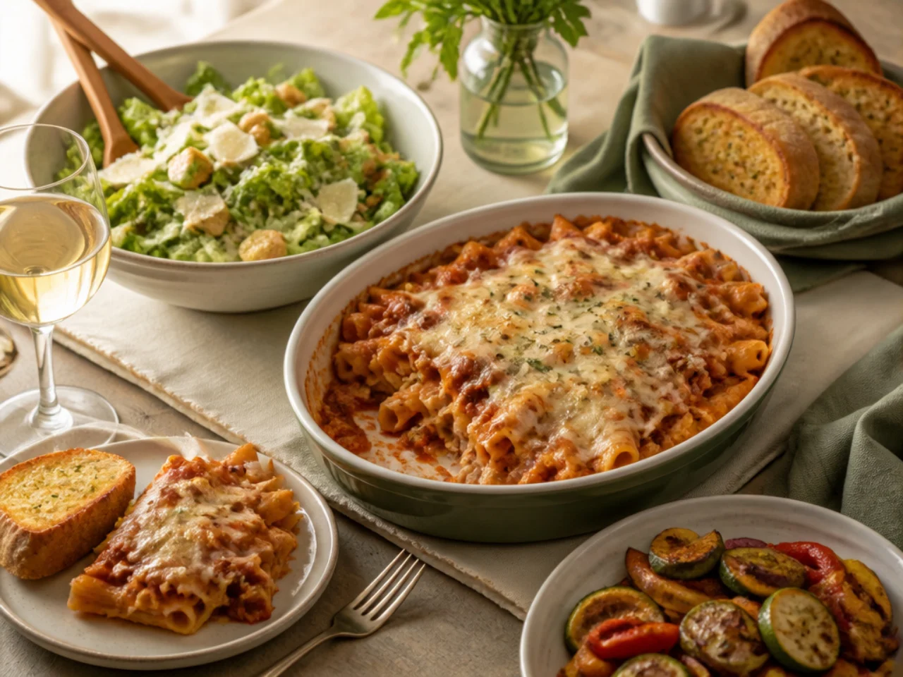 baked ziti served with warm garlic bread, a Caesar salad and roasted vegetables