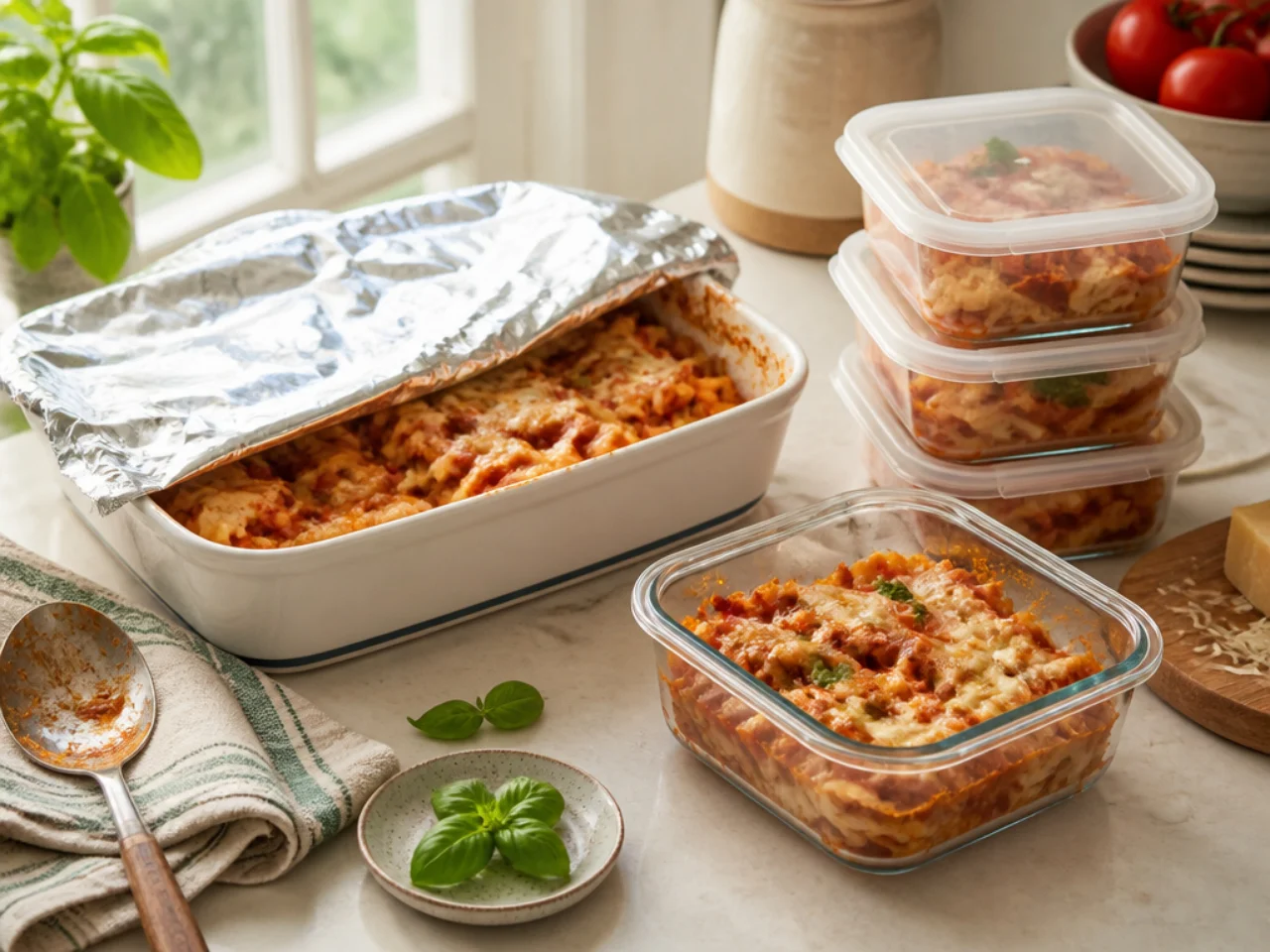 Make-ahead storage of baked ziti in containers
