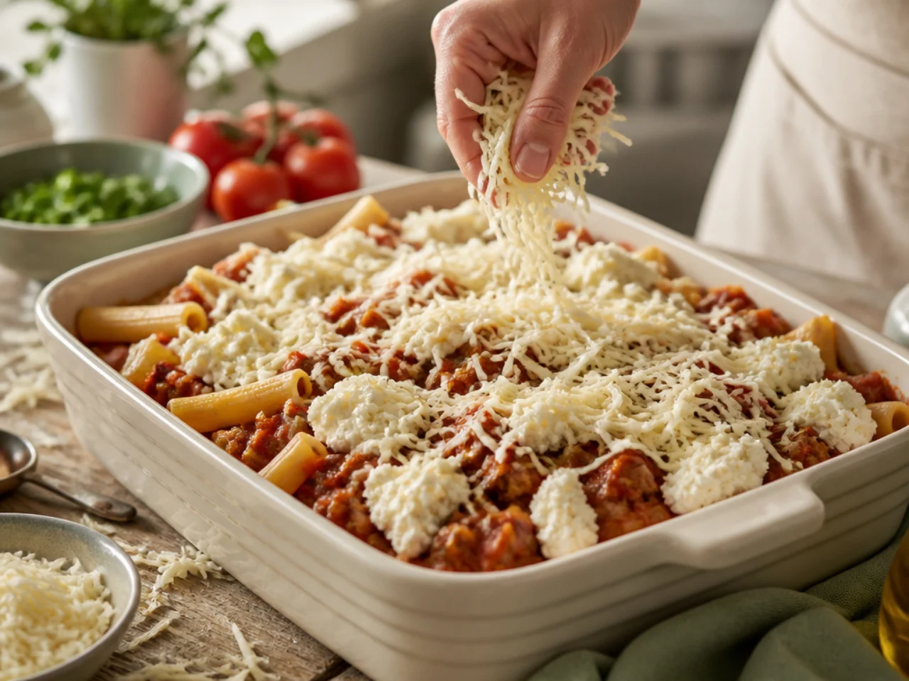 Step-by-step process shot for baked ziti