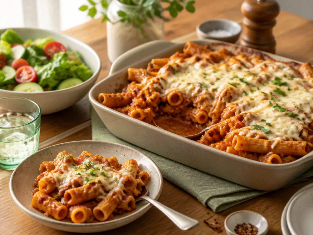 baked ziti served family-style on a cozy table