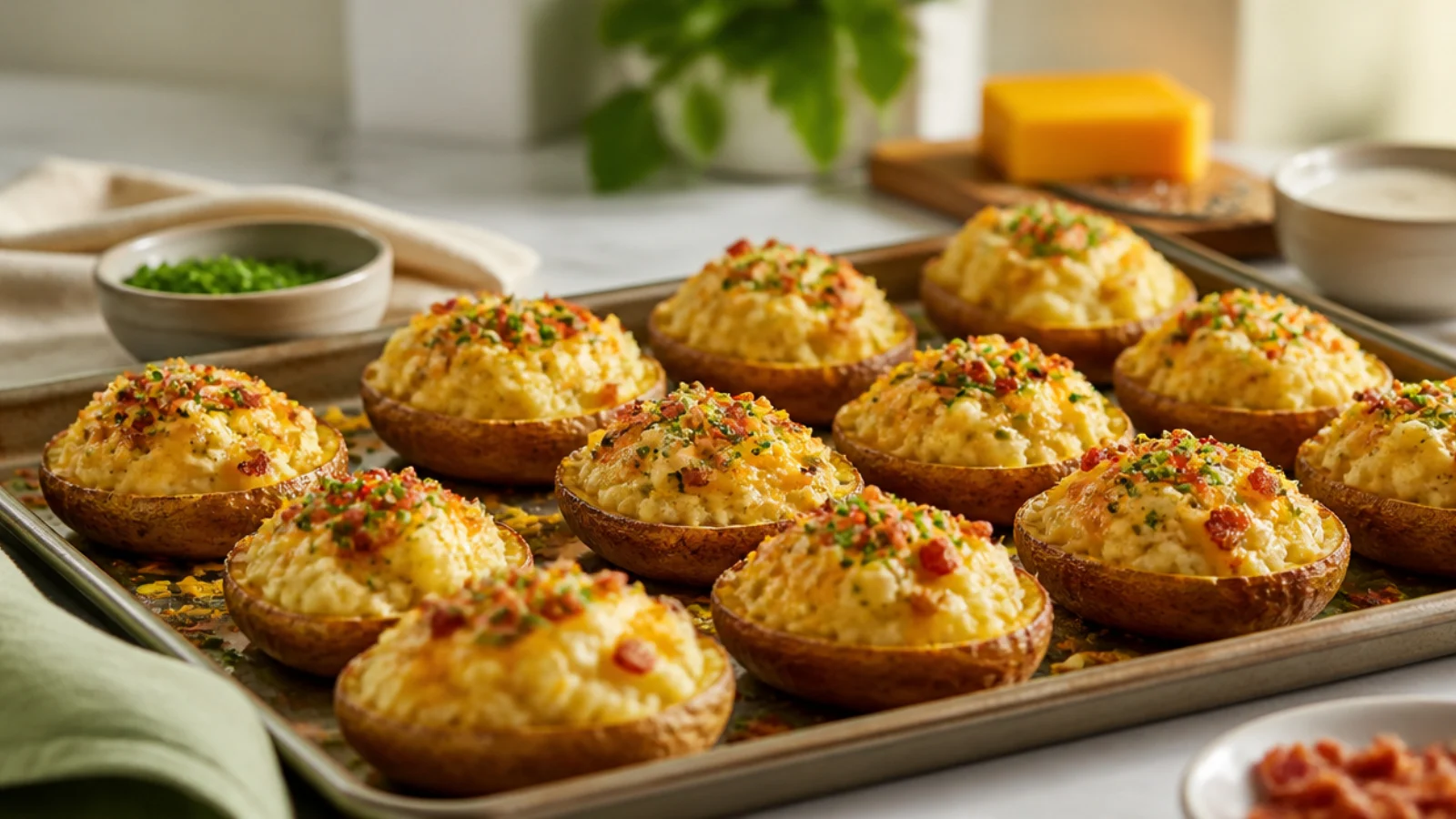 Mini Twice Baked Potatoes for Easy Parties — twice baked potatoes plated and ready to serve