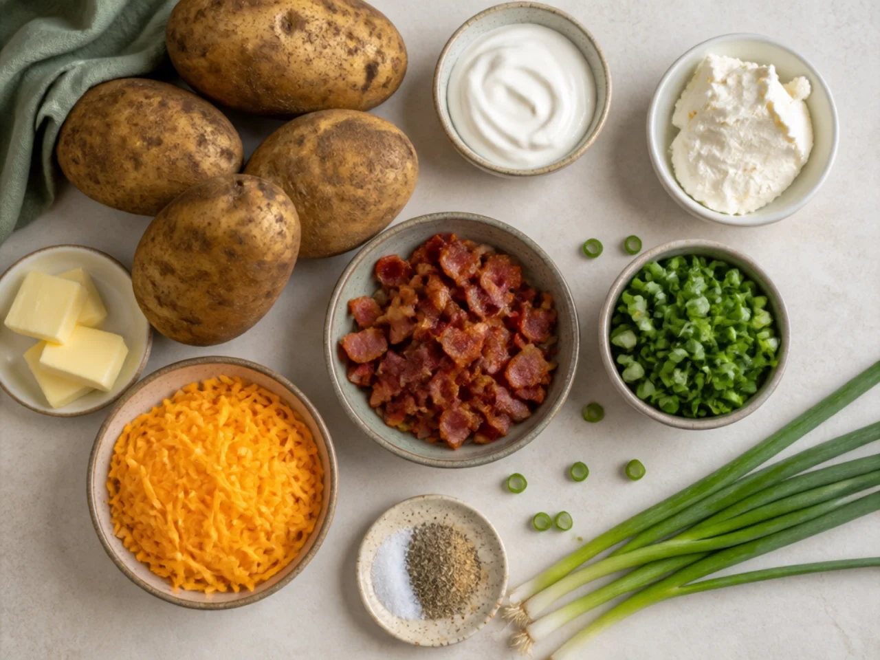 Fresh ingredients for twice baked potatoes arranged in bowls