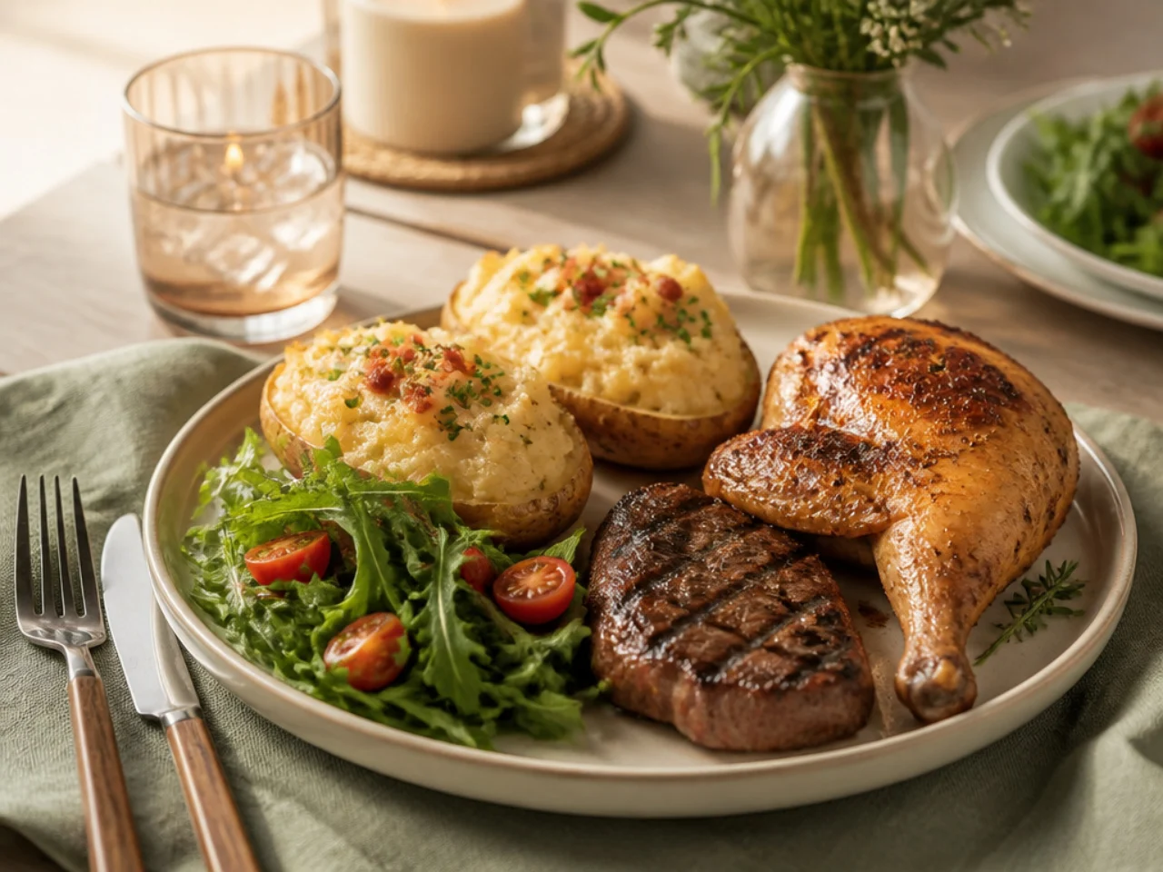 twice baked potatoes served with juicy roast chicken, grilled steak and a crisp green salad