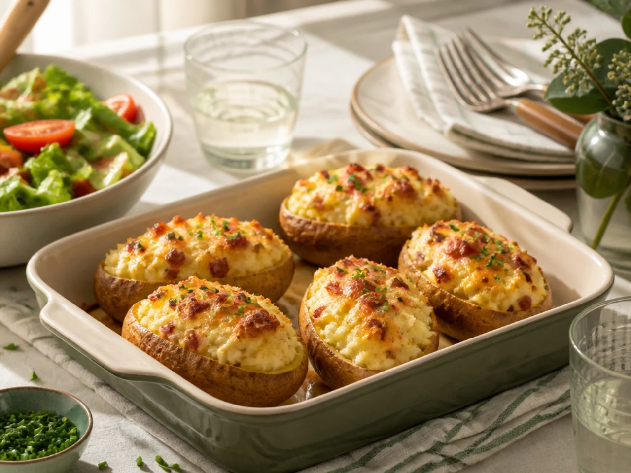 twice baked potatoes served family-style on a cozy table