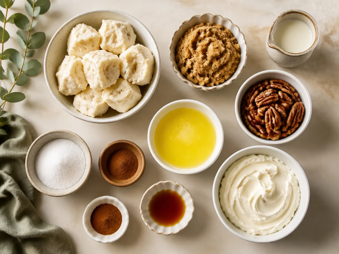 Fresh ingredients for monkey bread arranged in bowls