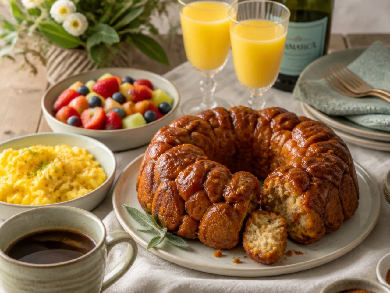 monkey bread served with fresh coffee, scrambled eggs, fruit salad and mimosas
