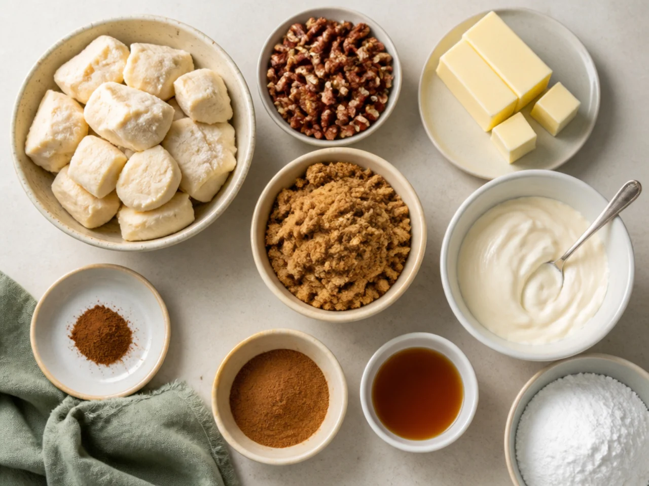 Fresh ingredients for monkey bread arranged in bowls