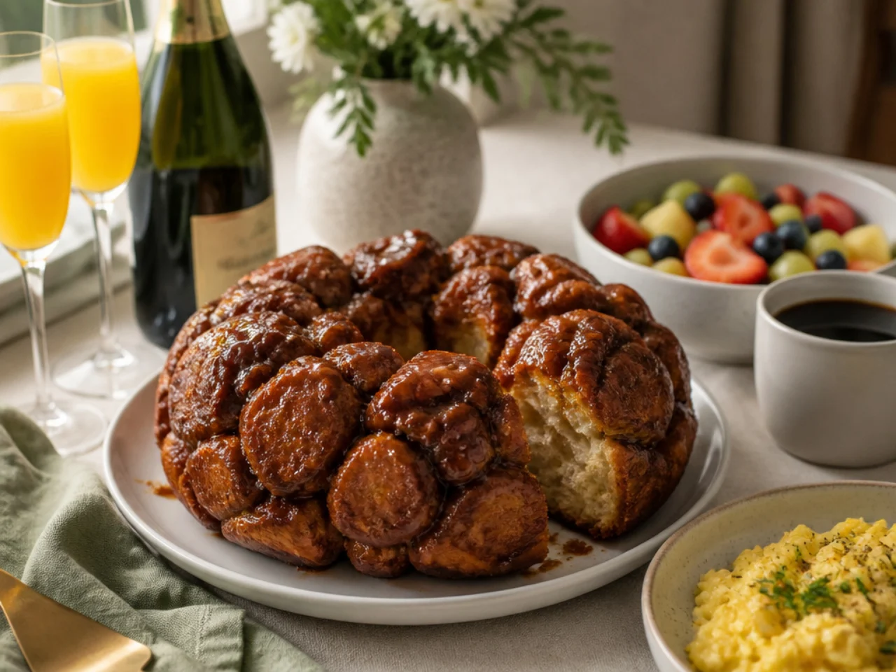 monkey bread served with fresh coffee, scrambled eggs, fruit salad and mimosas
