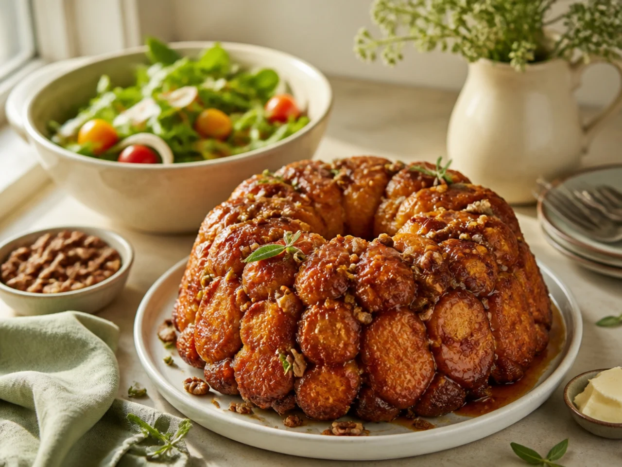 monkey bread served family-style on a cozy table