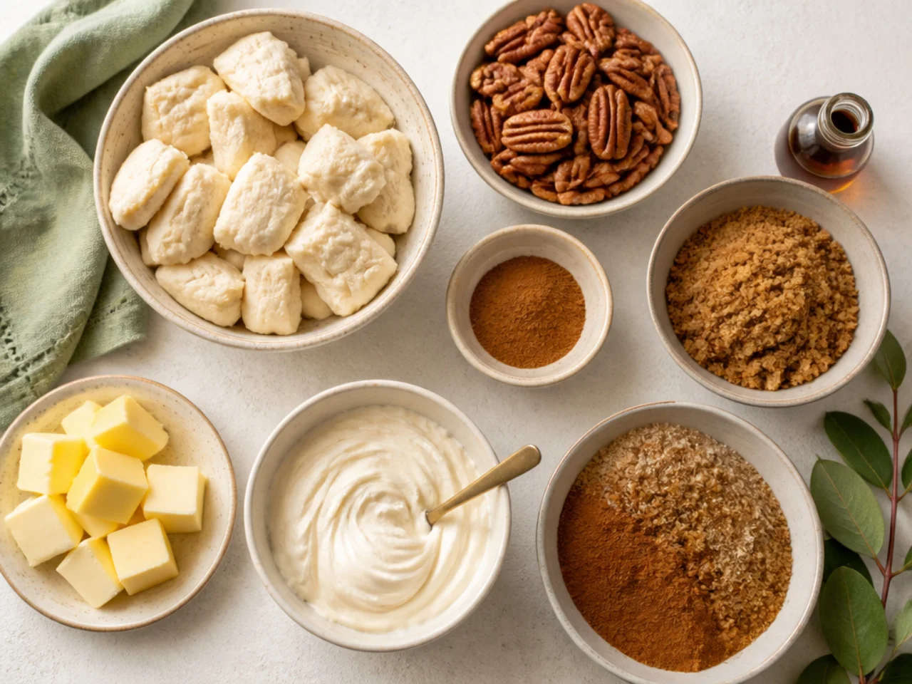 Fresh ingredients for monkey bread arranged in bowls
