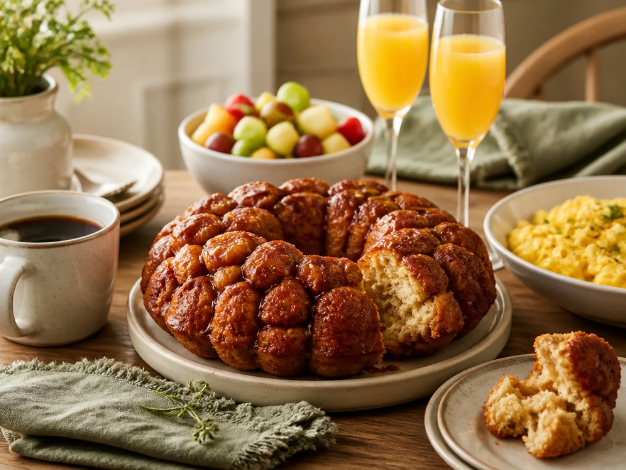 monkey bread served with fresh coffee, scrambled eggs, fruit salad and mimosas