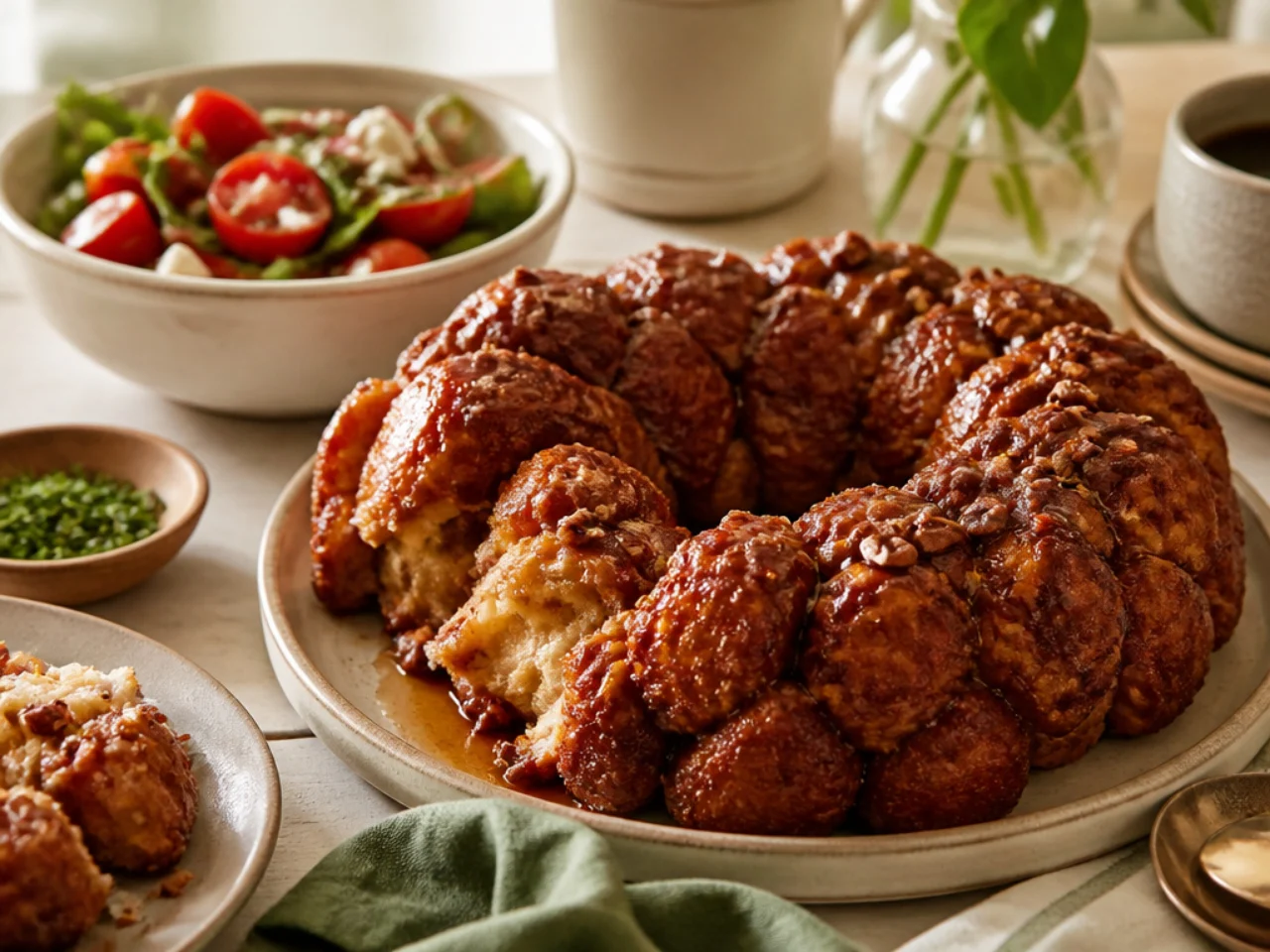 monkey bread served family-style on a cozy table