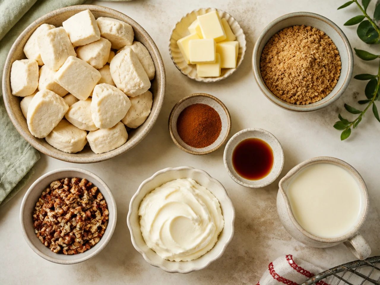 Fresh ingredients for monkey bread arranged in bowls