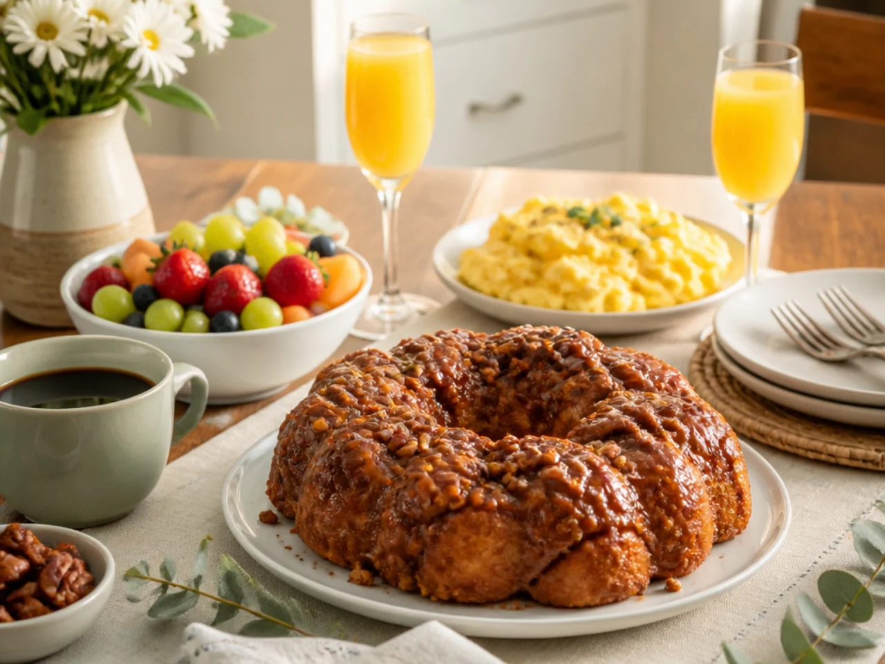 monkey bread served with fresh coffee, scrambled eggs, fruit salad and mimosas