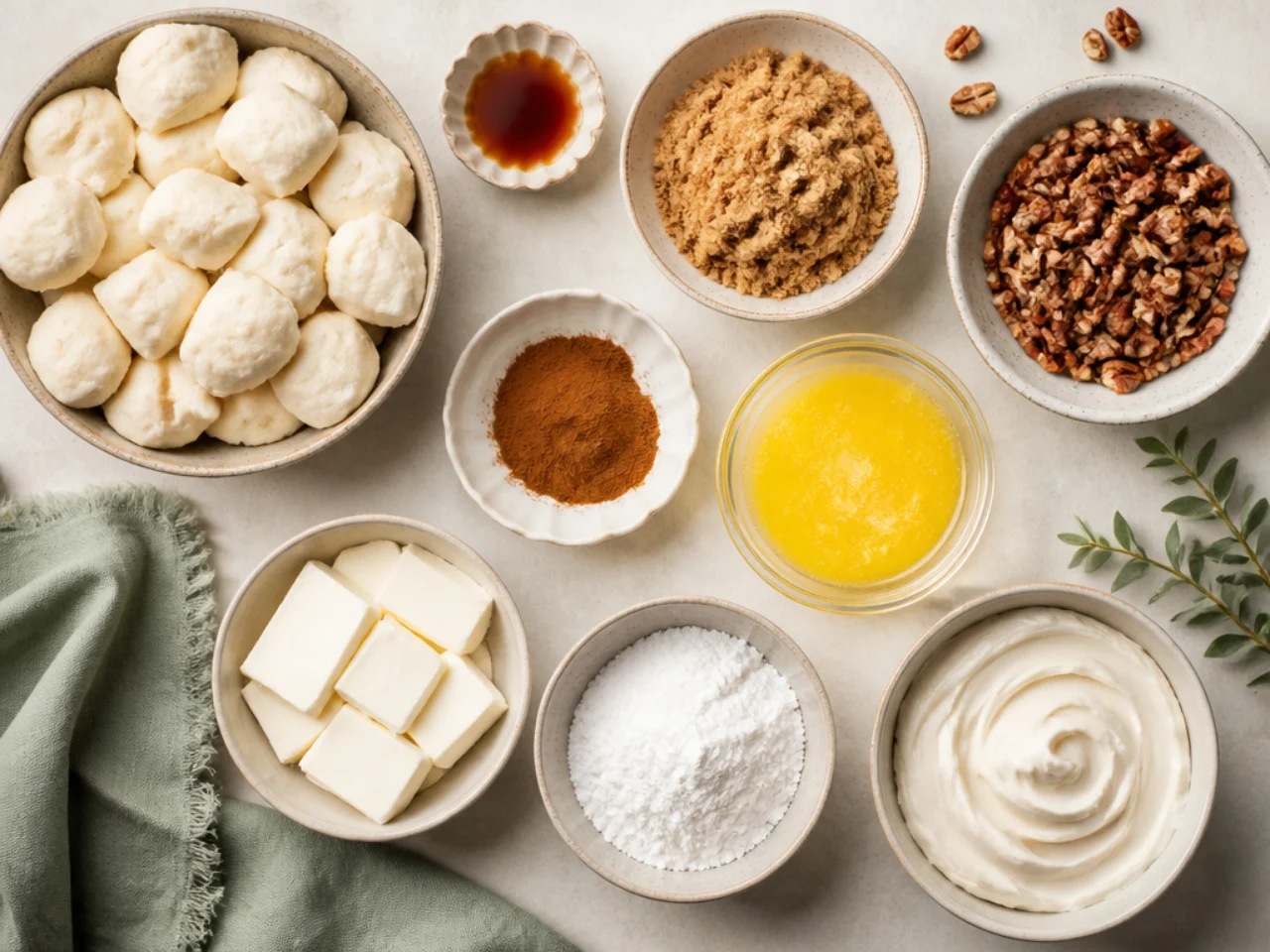 Fresh ingredients for monkey bread arranged in bowls