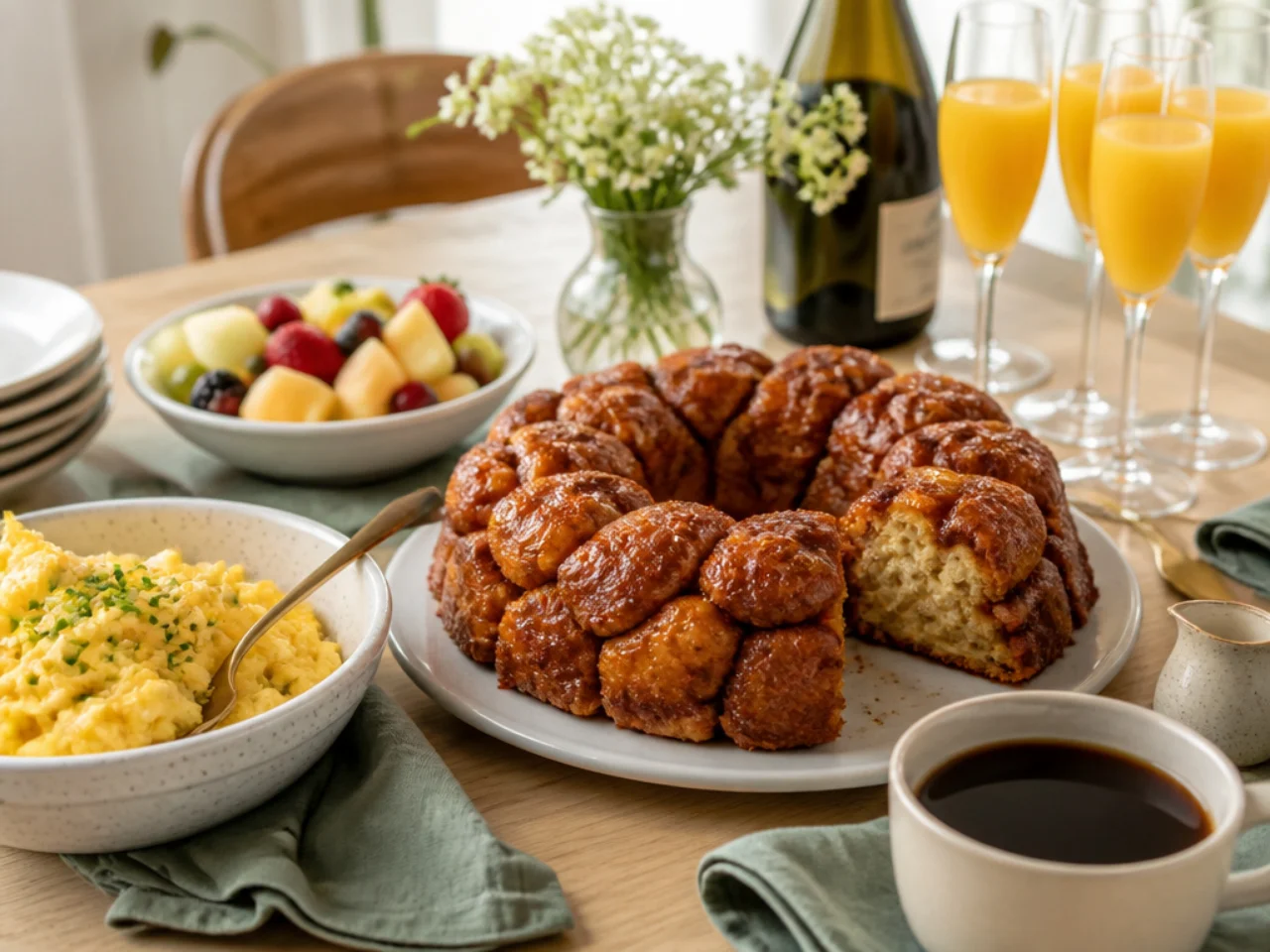 monkey bread served with fresh coffee, scrambled eggs, fruit salad and mimosas