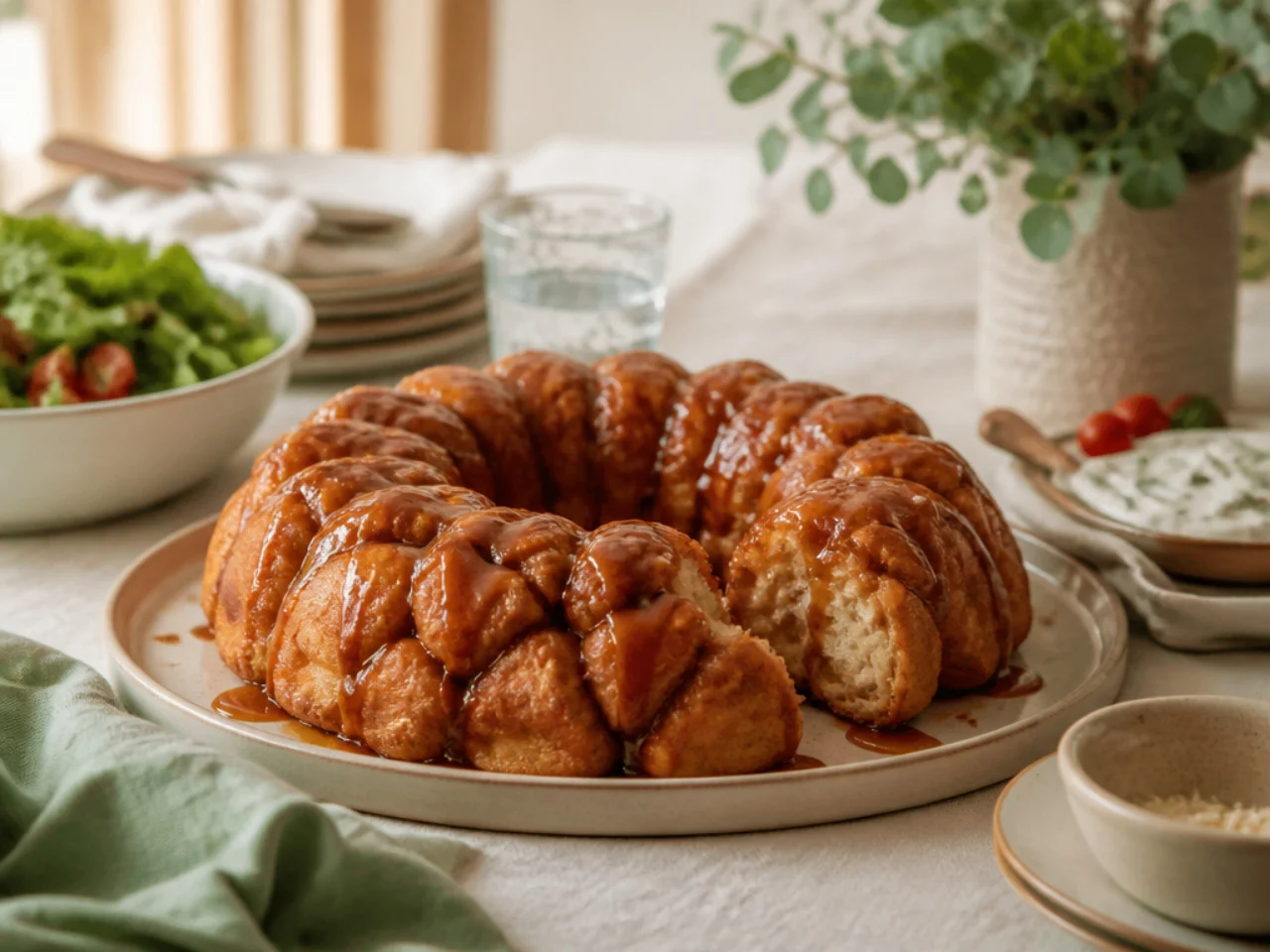 monkey bread served family-style on a cozy table